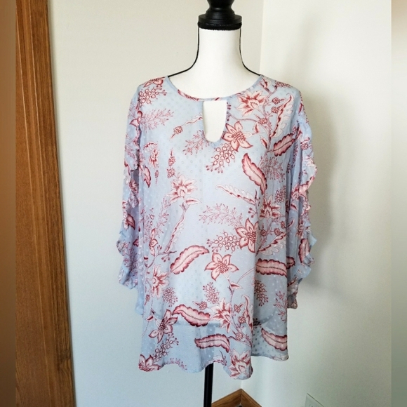 Belle Sky Swiss Dot Floral Sheer Ruffle Sleeved Shirt - Picture 1 of 6